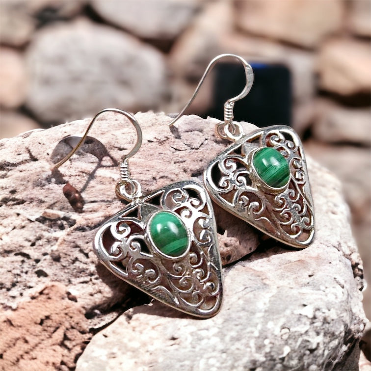 Sterling Silver Malachite Filigree Dangle Earrings