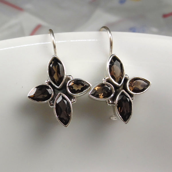 Sterling Silver Faceted Smoky Quartz Flower Dangle Earrings