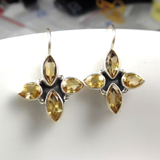 Sterling Silver Faceted Citrine Flower Dangle Earrings