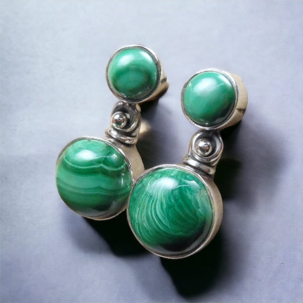 Sterling Silver Boho Malachite Post Earrings