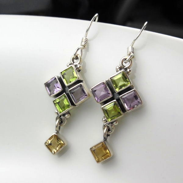 Sterling Silver Faceted Peridot Amethyst Citrine Dangle Earrings