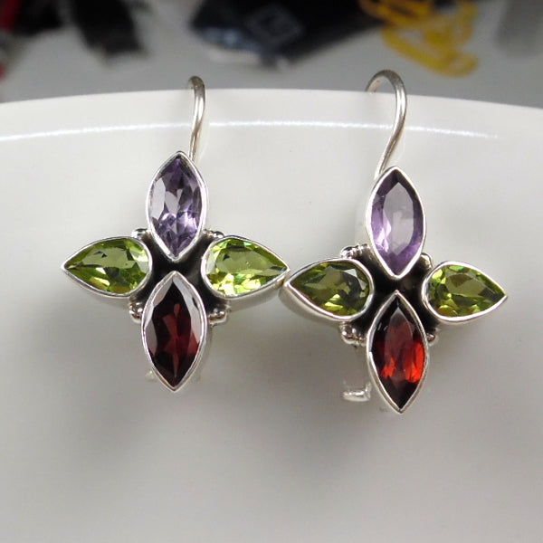 Sterling Silver Faceted Peridot Amethyst Garnet Flower Dangle Earrings